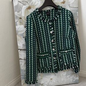 Striped Green Tweed Jacket with Fringed Trim R1